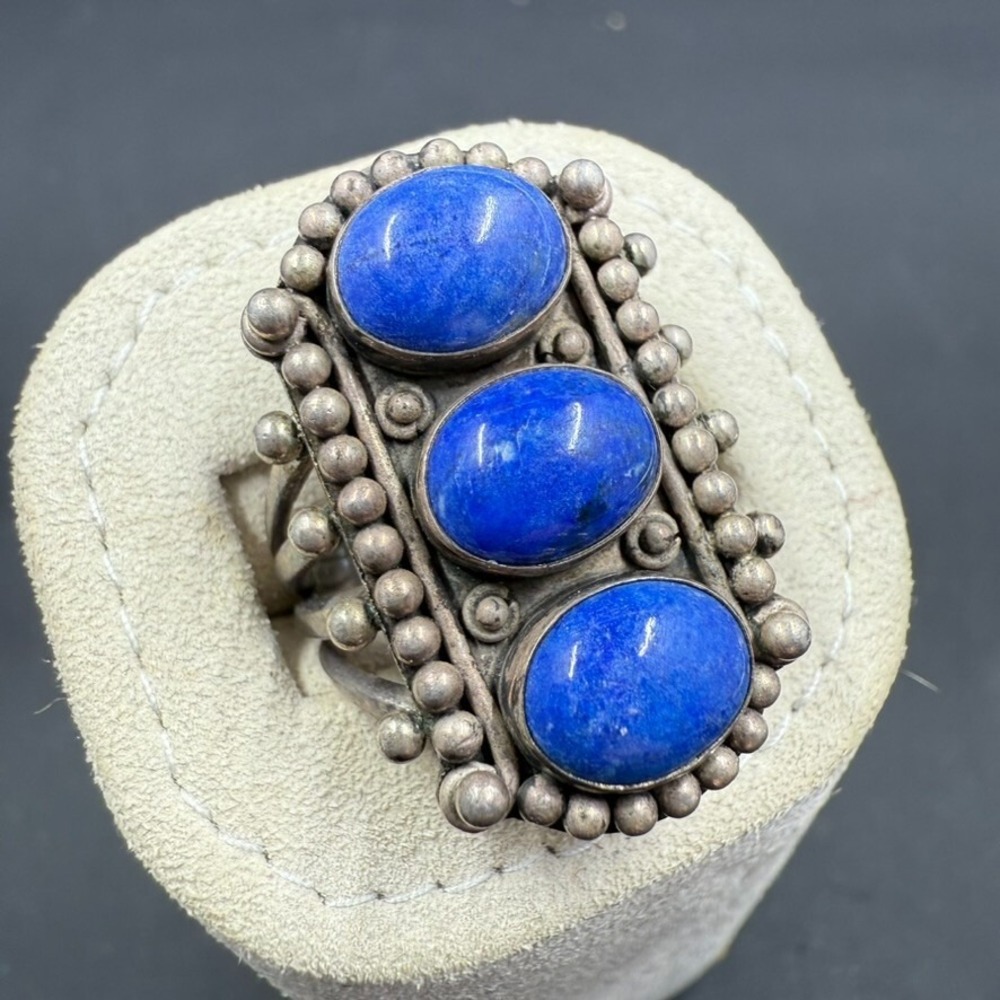 Vintage Sterling Silver 925 Ring with Triple Lapis Lazuli Cabochons – Size 7.5 –